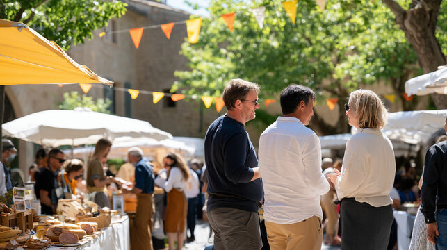 People enjoying outdoor La Fete du Cochon food market stalls with local artisanal meat products in a sunny European village square