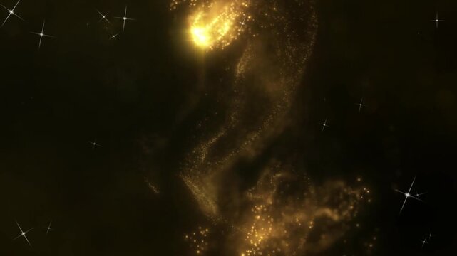 Golden glitter dust swirling in dark space with sparkling lights with creating magical trails bright sparkles rapidly dark void video golden background animation with beautiful