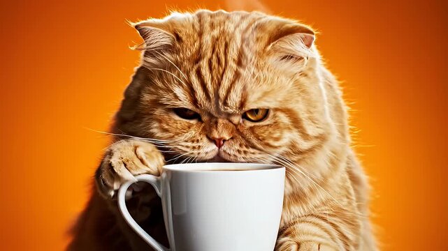 Fluffy orange cat behind white coffee mug.