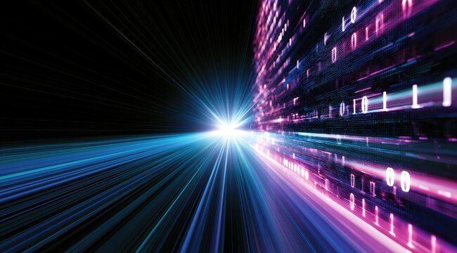 Digital stream of binary code blurs into a bright, abstract light source
