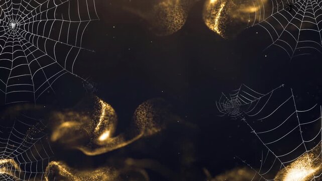 Spooky spider web background with floating golden dust particles for halloween celebration motion graphics with festive mysterious atmosphere video displays intricate