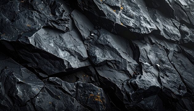 A close-up view of the intricate textures and geological formations of dark, fractured rock.
