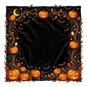 Halloween pumpkin border frame with glowing jack o lanterns and dry branches