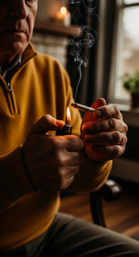 Man igniting cigarette with lighter, smoke rising, symbolizing habit, relaxation, and personal ritual.