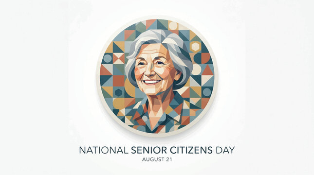 National Senior Citizens Day banner, smiling elderly woman portrait in geometric mosaic style, August 21 celebration graphic for social media