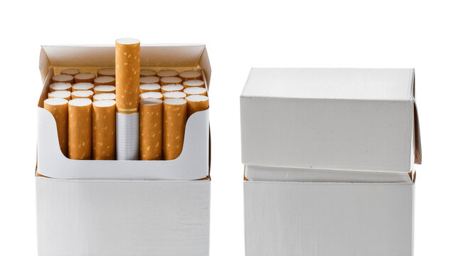 Full pack of cigarettes with one standing out, isolated on transparent background