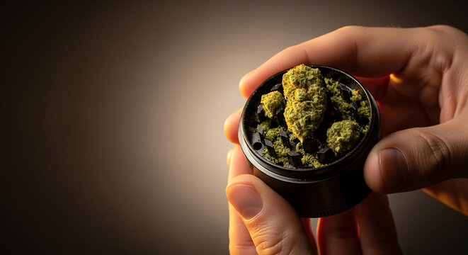 Close-up of a hand holding a marijuana grinder filled with cannabis buds, symbolizing preparation and consumption.