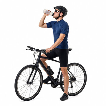 Male cyclist in helmet and sunglasses taking a hydration break, drinking from a water bottle while straddling his black bicycle against a white background.