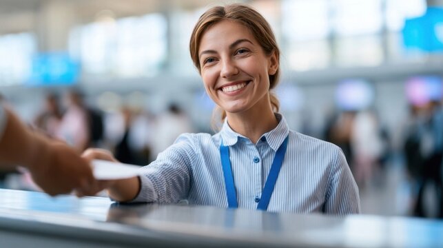 Smiling airport customer service agent assisting traveler at check-in counter