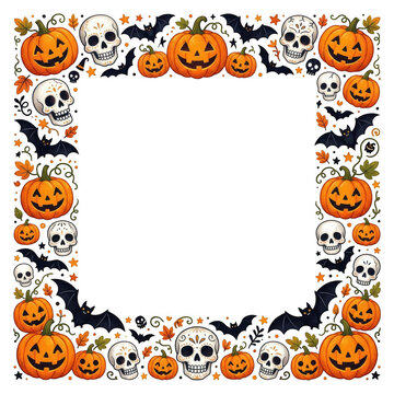 Pixel art halloween frame with pumpkins skulls and bats for holiday design