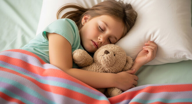 Young girl sleeping peacefully with teddy bear under a striped blanket, symbolizing innocence, comfort, and childhood dreams.