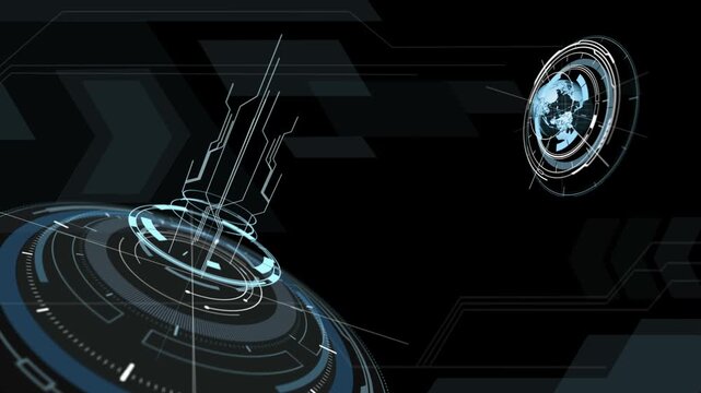 Abstract digital earth globe hologram rotating within futuristic hud interface elements against dark background with hologram surrounded intricate video depicts rotating