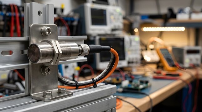 closeup of premium stainless steel capacitive proximity sensor installed on industrial automation system for precision object detection smart factory monitoring and equipment control
