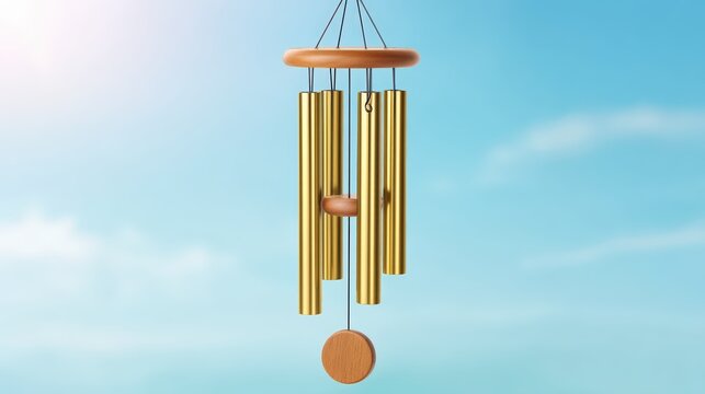 Golden wind chime hanging against a bright blue sky background