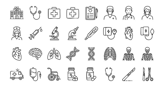 Hospital medical staff and clinical examination equipment icon set with hospital healthcare stethoscope microscope