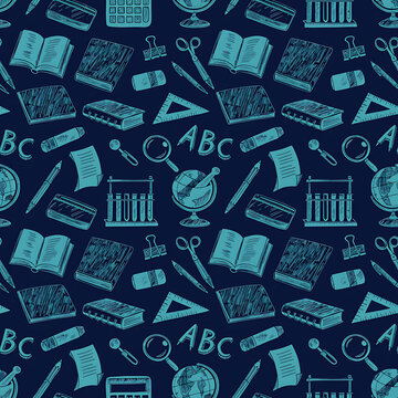 Seamless pattern with school and education icons on dark blue