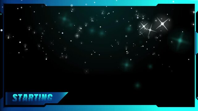 Futuristic blue gaming stream overlay with animated glowing stars and starting text banner design with frame floating sparkling displays digital gaming video displays