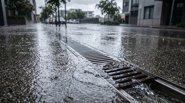 Floodwater Flowing into Urban Storm Drain During Heavy Rain