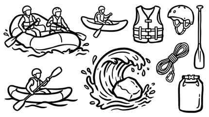 Fototapeta premium Black and white rafting and kayaking doodle icons