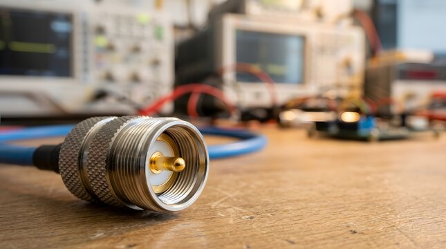 closeup of precision high frequency rf coaxial connector with gold plated contacts for telecommunications and electronic testing