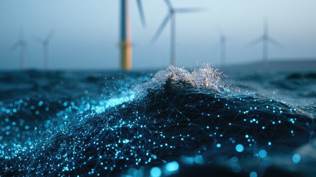 Luminous ocean wave with abstract network overlay, wind turbines in background