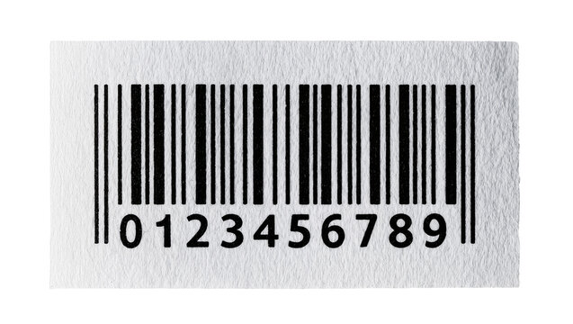 Black barcode with numbers 0-9 on textured paper, isolated on transparent background