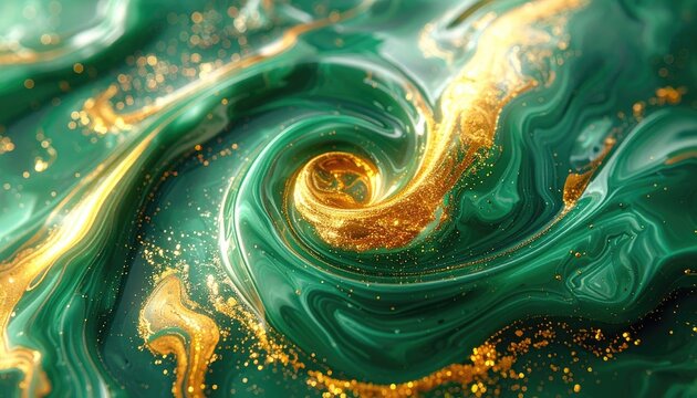 Swirling emerald green fluid with golden glitter and bokeh effects.