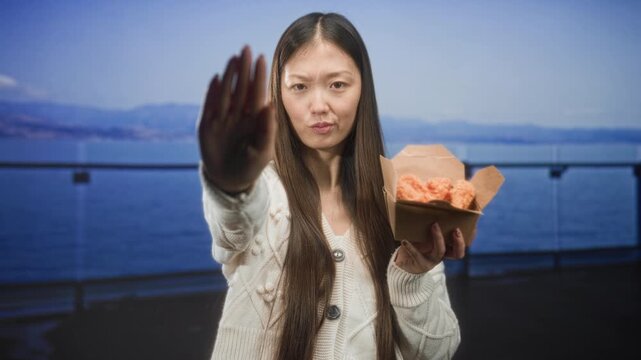 Woman holds fried chicken in a paper box and extends palm outward in a stop gesture on a building balcony by the sea; refusal.