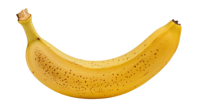 Ripe yellow banana with brown spots, isolated on transparent background
