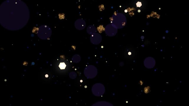 Floating golden particles and soft purple bokeh orbs drifting across dark night sky background with circles floating slowly deep black background video glowing golden
