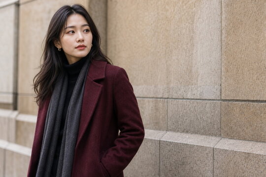 バーガンディのコートでカメラを見る日本人女性の冬ポートレート