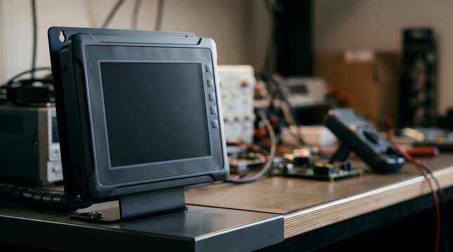 closeup of programmable industrial hmi touch panel with completely blank powered off display for factory automation