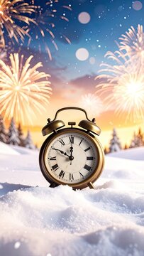 A vintage alarm clock sits in the snow as fireworks light up the night sky.