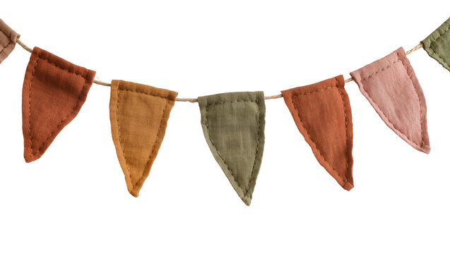 Earthy toned fabric bunting flags strung on twine, isolated on transparent background