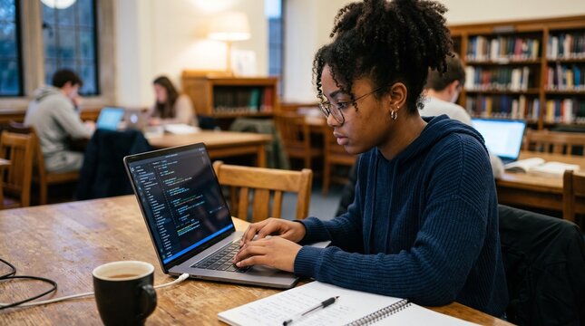 Young woman coding on laptop in library with coffee and notebook