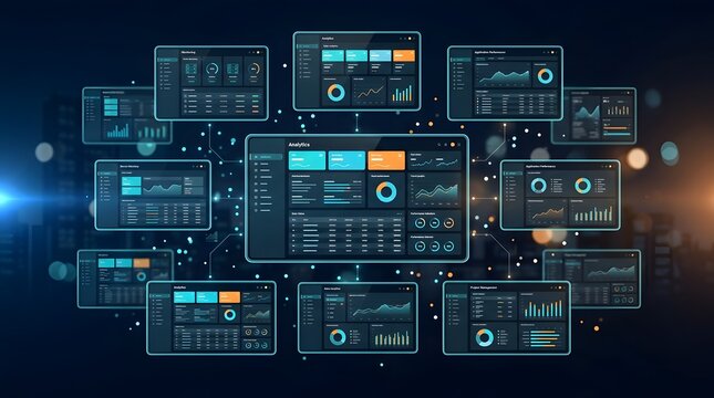 Multiple interconnected digital dashboard screens displaying data analytics, financial charts, and business statistics floating against a dark futuristic city background.