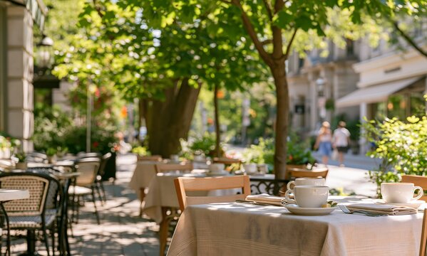 A beautiful elegant Toronto summer street on a bright sunny afternoon, sophisticated European-inspired outdoor caf&eacute; with refined terrace seating