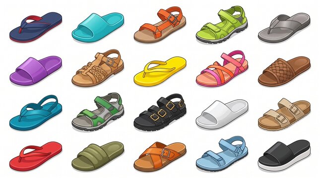 Colorful sandals, flip flops and slippers illustration collection isolated on white background, various casual footwear icons for fashion catalog, ecommerce, infographic and summer design