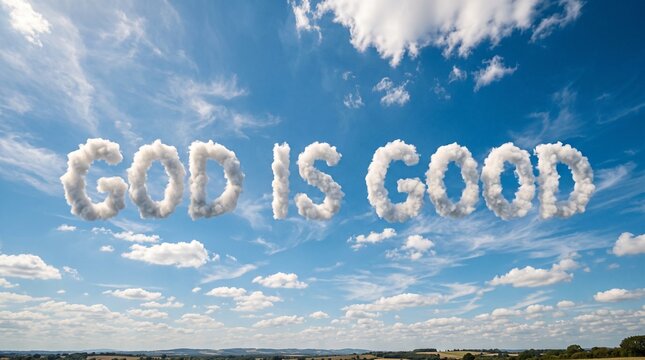God Is Good cloud text in bright blue sky above countryside landscape, inspirational Christian message with fluffy clouds, faith, hope, positivity and heavenly concept