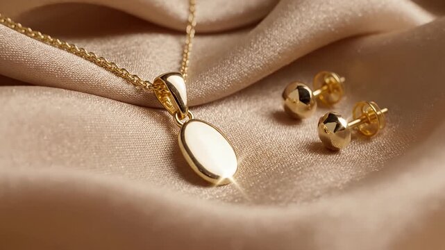 Gold pendant necklace and earrings on silk.