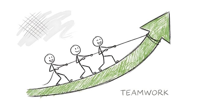 Stick figures pulling upward arrow symbol for teamwork success with teamwork, collaboration