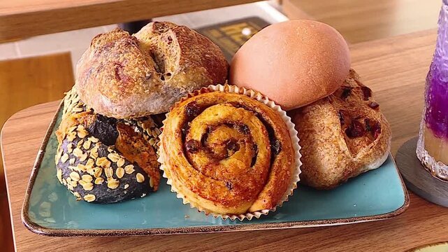 Close-up shot of assorted sweet and savory sourdough bread arranged on an elegant plate. Two refreshing purple and yellow drinks accompany the bakery display for a complete brunch setting. 