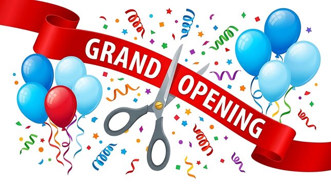 Festive grand opening background with red ribbon scissors blue balloons and confetti, ribbon cutting