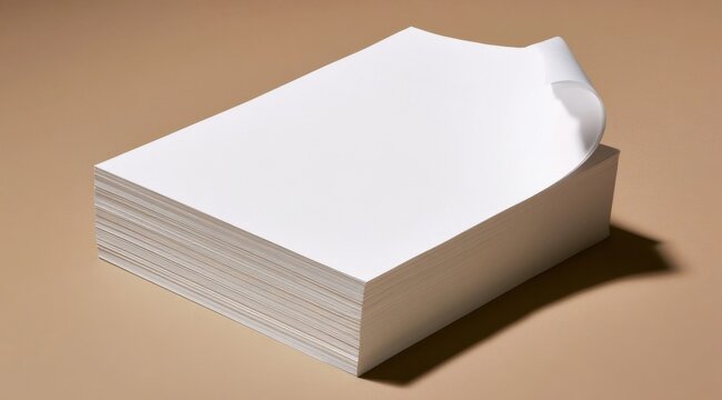 Stack of blank white paper sheets with corner folded on beige surface