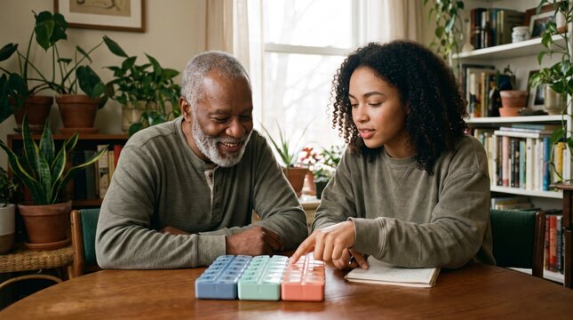 Caregiver helping senior man organize weekly medication in colorful pill dispensers