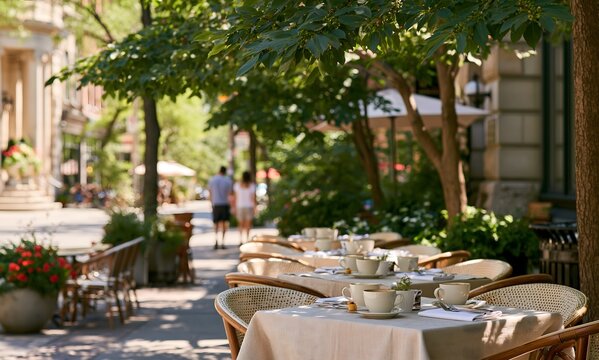 A beautiful elegant Toronto summer street on a bright sunny afternoon, sophisticated European-inspired outdoor caf&eacute; with refined terrace seating