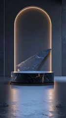 Fototapeta premium A minimalist marble pedestal with a geometrically shaped stone and ambient lighting.