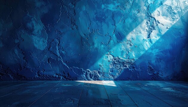 Textured blue wall with dramatic light and shadow on a tiled floor.