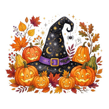 Black witch hat with jack o lantern pumpkins and autumn leaves for halloween
