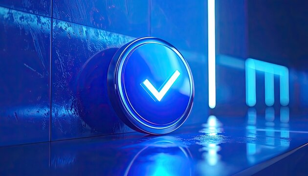 A glowing blue checkmark symbol against a textured background with neon lights.